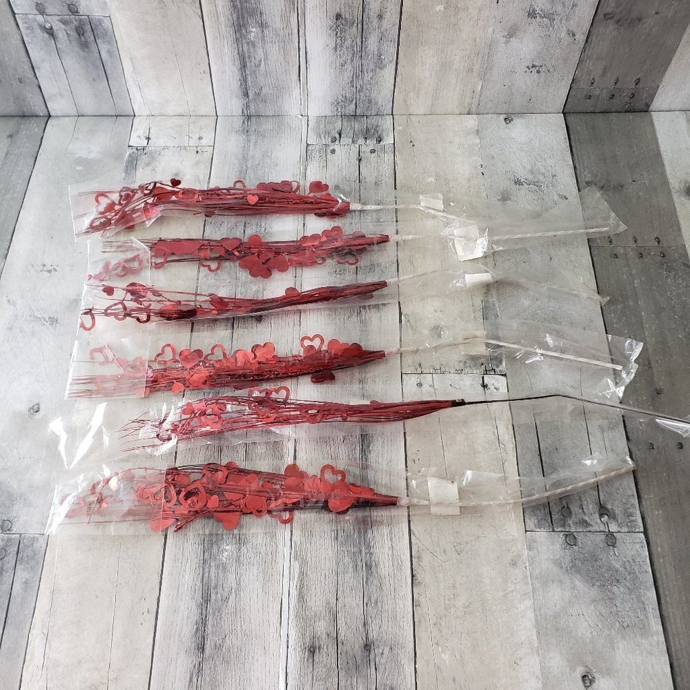 NWT - Lot of 6 Red Hearts and Foil Strands Floral Picks 12"/20"